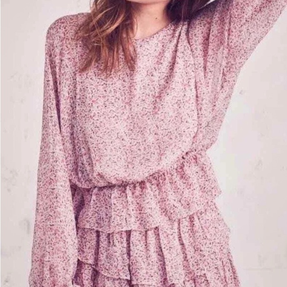 Loveshackfancy Floral Pink Ruffle Tiered Blouse Dress